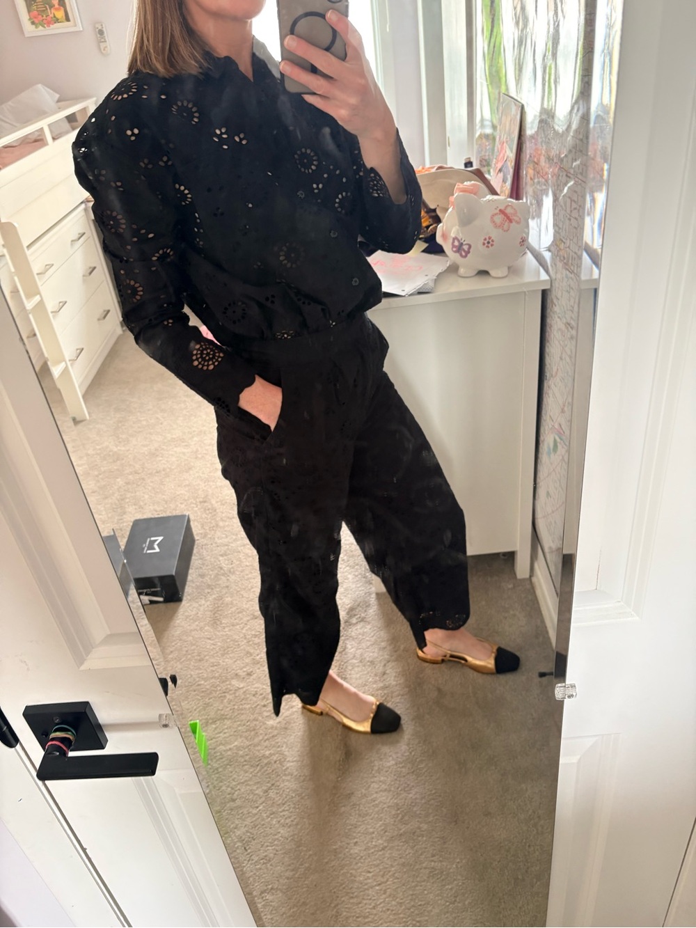 Splendid Black Eyelet Two-Piece Set - Button Front Jacket & pants